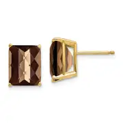 14k Yellow Gold 10x8 Octagon Checker-Cut Smok Yellow Gold Quartz Earrings