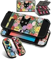 Gurgitat 4in1 Cute for Nintendo Switch Case Protector Switch Game Cases Cartridge Storage Flowers Black Cat Cartoon Girls 24 Game Card Holder Organizer+Skin Controller Dockable Cover for Switch 2017