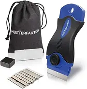MEISTERFAKTUR Ceramic Hob Scraper - 13 Blades - Induction & Ceramic Hob Cleaner - Non-Slip Handle - Blue Stainless Steel Oven Cleaning Tool