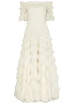 Needle & Thread Lana Off-the-shoulder Ruffled Tulle Gown - Cream - 10 (UK10 / S) 10 (UK10 / S)