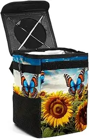 Car Trash Can with Lid,Bag Hanging Storage Pockets Leak-Proof,Portable Garbage Bin,Flower Butterflies Field
