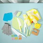25Pcs Kids Cooking Set Kids Kitchen Cutter Set Montessori Tools with Cutters Potato Chipper Peeler Oversleeves Bear Sandwich Mould Chopping Bboard Gloves Apron Fruits Forks for Cooking(A)