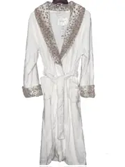 CAROLE HOCHMAN WHITE PLUSH ROBE ANIMAL PRINT TRIM SZ M / MEDIUM NWT SOFT