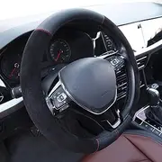Nappa Leather Car Steering Wheel Cover, Universal 15 inches Fit, Double Color Suede Car Steering Wheel Cover Full Surround Aeecssories, Safty, Anti Slip, Thin, Breathable, Odor-Free (Black)
