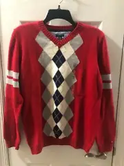 Tommy Hilfiger Boys' Argyle V-Neck Knit Sweater - Red/Gray/Navy - XL New WT