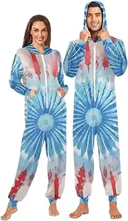 [AIXIWAWA] Adult Onesie Pajamas, Red Blue Tie Dye Print Zip Front One Piece Pajama Jumpsuits for Men Women S
