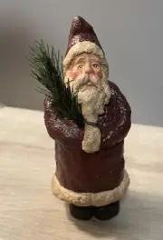 Old Time Mini Santa Holding A Tree- 4 Inches Tall