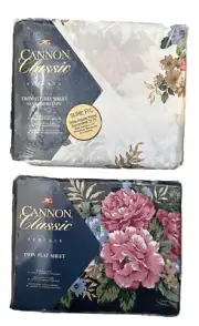 Vtg Set Twin Flat & Fitted Sheets Cannon Classics Percale No Iron Flowers Roses