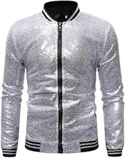 [Hemasa] Winter Sequin Jacket for Men, Stand Up Collar Contrasting Mens Jackets(Eur Size) Silver Eur Size M, Silver, XXL