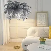 Luxury Feather Floor Lamp, Elegant Natural Ostrich Feather Decor with Gold Body, Dimmable 3 Color LED Lighting.