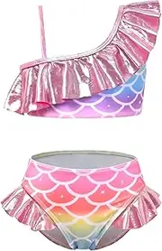 [CHILDRENSTAR] Girls Metallic Bathing Suits Shiny Ruffles One Shoulder 2 Pieces Swimsuits Cute Bikini Set