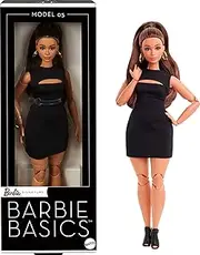 Mattel Barbie Basics Model 05 Collector Doll with Brunette Hair, Black Mini Dress & Heels, Universal-fit Fashions, Posable Curvy Body & Swappable Doll Head