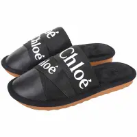在飛比找Yahoo奇摩購物中心優惠-CHLOE Woody 字母織帶拼接小牛皮穆勒鞋 拖鞋(黑色
