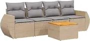 [vidaXL] Garden Sofa Set with Cushions - 5 Piece Beige Poly Rattan Outdoor Modular Furniture Patio Storage