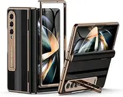 [karenDon] for Samsung Galaxy Z Fold 4 Phone Case [Luxury Premier Genuine Leather][Full Body Hinge Protection][Built-in Screen Protector][Kickstand Drop Proof Protective Cover] for Z Fold4 Black