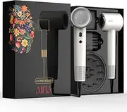 [Aina] Hair Dryer, Blow Dryer with Diffuser Brush Comb for Women - BLDC Hair Dryer - Brushless Motor, 110,000 RPM Lightweight, Ionic Travel, 3 Magnetic Attachments(White)