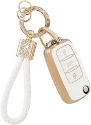 PIFOOG Key Fob Cover for Volkswagen VW 3 Button White Gold TPU Soft Car Keys Shell Case Glitter Keychain Protector for VW Beetle Golf Passat GTI Jetta Tiguan Girly Women Cute