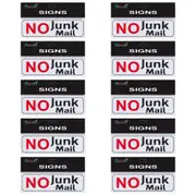 10pce No Junk Mail 20cm Signs Set Plastic White/Black/Red Self Adhesive Letterbox