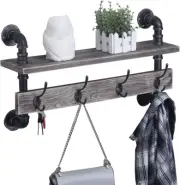 Industrial Pipe Wall Coat Rack Entryway Wall Shelf Hanging Shelf, Real Wooden Sh