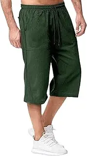 [JEShifangjiusu] Men's Causual 3/4 Long Cotton Shorts Drawstring Elastic Waist Cargo Straight Shorts Wide Leg Baggy Pants, Green A2, L