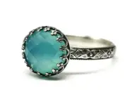 10mm Rose Cut Aqua Chalcedony Ring Symmetrical Flower Crown 925 Sterling Silver