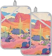 Oven Pot Holders Heat Resistant Desert with Cactus Blooming Flowers Potholders for Kitchens with Pocket Hot Pot Holder Pads Oven Pads 2 Pack