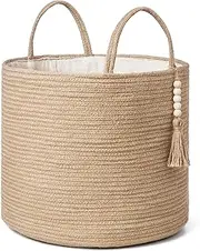 Mkono Woven Storage Basket Decorative Rope Basket Wooden Bead Decoration for Blankets,Toys,Clothes,Shoes,Plant Organizer Bin with Handles Living Room Home Decor, Jute, 16" W × 13.8"L