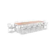 Balmoral 3.55M Outdoor Teak Top Aluminium Table With 12 Capri Chairs - White - White Aluminium