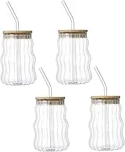 Iced Coffee Cup, 4Pcs 500ml Ripple Shaped Glass Cups with Lids and Straws, Heat-Resistant Glass Coffee Cup with for Beverage Juice, Whiskey, Soda, Milk, Tea, Iced