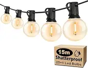 [Roccar] String Lights Outdoor 15M(49FT), Festoon Lights with 25+1 G40 LED Bulbs, Waterproof & Shatterproof, 2700K Warm White, Indoor & Outdoor, Party, Garden, Balcony
