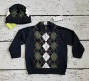 GYMBOREE 18 24 "Canine Academy" Blue Green Argyle Full Zip Sweater Hat Outfit