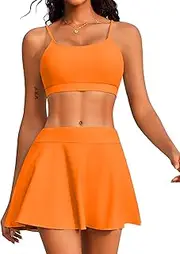 [AI'MAGE] High Waisted Bikini Sets Tummy Control Two Piece Swimsuit Scoop Neck Bathing Suit Sporty Padded with Skirt