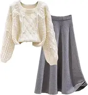 [Generic] Women's Spring And Winter Sweater Set Women's Long Sleeved Loose Knitted Sweater Large Swing Half Skirt Two Piece Set