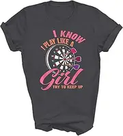 [SDVN] I Know I Play Like A Girl Try to Keep Up Funny Darts Dart Darting Dartboard Gift Unisex Shirt T-Shirt (Dark Heather;3XL)
