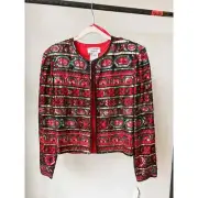 PAPELL BOUTIQUE EVENING Women's Red/Black Silk Sequin/Bead Vintage Jacket sz M