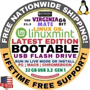 Linux MINT 21.3 USB VIRGINIA Mate 64-Bit Live Boot, Full Install for MAC, PC