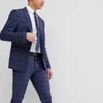 ASOS BOOHOOMAN SKINNY CROPPED SUIT NAVY CHECK 九分海軍藍格紋西裝褲 W28