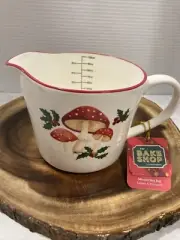 The Bake Shop Holiday Mushroom Holly Design Ceramic Measuring Cup 34 Fl Oz NEW