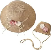 [ITODA] Little Girls Straw Flower Hat with Shoulder Bag Summer Beach Pool Floppy Sun Hat Wide Brim UPF 50+UV Sun Protection Cap
