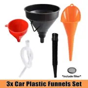 3x Car Liquid Fuel Plastic Funnels Set Long Neck With Filter And Extension Pipe