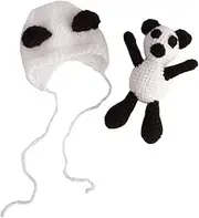 Healeved Baby Doll Hat for Newborn Handmade Knitted Panda Hat Set Baby Photography Costumes 0-1 Month Wool White