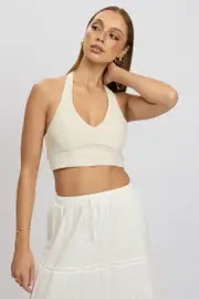 Beige Halter Crop Top Sleeveless Linen Blend - Size 14L, Women's Crop Top