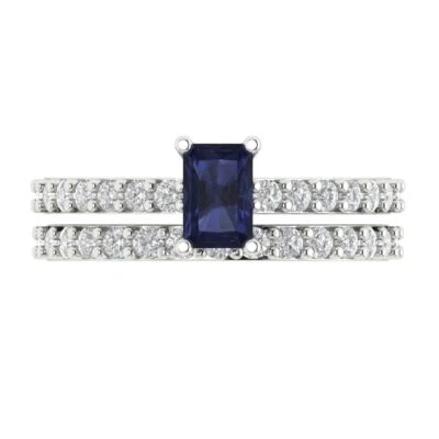 1.16Ct Emerald Cut Sapphire Gemstone Bridal Set (Ring + Band) Solid White Gold