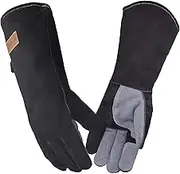 WZQH 40 CM / 16 in, Leather Barbecue Gloves, Fire and Heat Resistant Mitts for Welding, Firefighting, Fireplace, Oven, Baking, Stove, Pot Holder, Animal Handling. Grey-Black Large Fireproof Glove