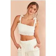 Cream Textured Ruffle Crop Top, Cream