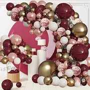 PEKGLOW 144Pcs Burgundy Balloon Garland Arch Kit Wine Red White Rose Gold Balloons Burgundy Blush Metallic Gold Balloons for Valentines Day Wedding Proposal Women Birthday Bridal Shower Anniversary