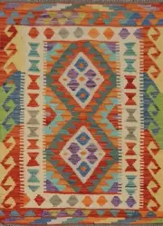 Geometric Reversible Kilim Colorful Rug 3x4 ft. Wool Flatweave Carpet