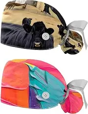 [YTYVAGT] 2-Pc,Nurse Scrub Caps,Scrub Hats with Buttons and Cotton Sweatband,Autumn Animal Cow Pattern