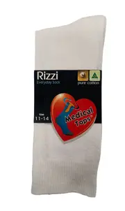 RIZZI Mens White 6-11 & 11-14 Aust Made Pure Cotton Medical Loose Top Socks