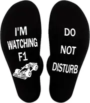 [teashow] F1 Merchandise Funny Socks DO NOT DISTURB I'M WATCHING F1 Socks Formula 1 Sock Men 9-11 Black Cotton Non-slip Socks Novelty Car Gifts for Christmas Birthday Valentine's Day, Black, One size